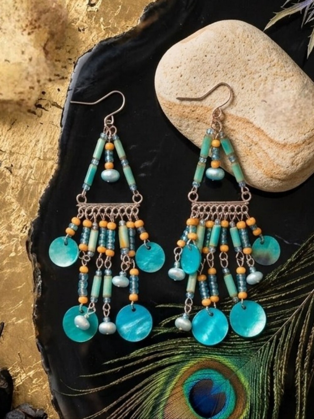 Vintage Y2K Boho Turquoise Teal  Fresh Water Pearls Beaded Chandelier Earrings